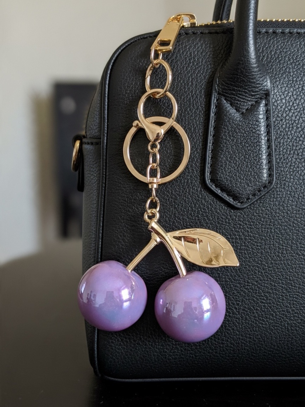 Purple Cherry Keychain Bag Charm with Gold Hardware